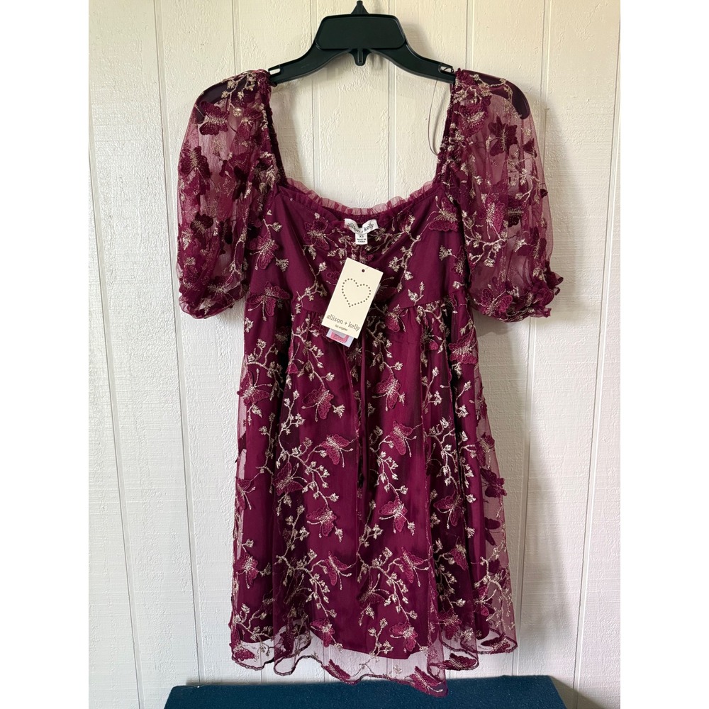 Allison + Kelly Burgundy Butterfly Embroidered Mesh Puff Sleeve Mini Dress XS